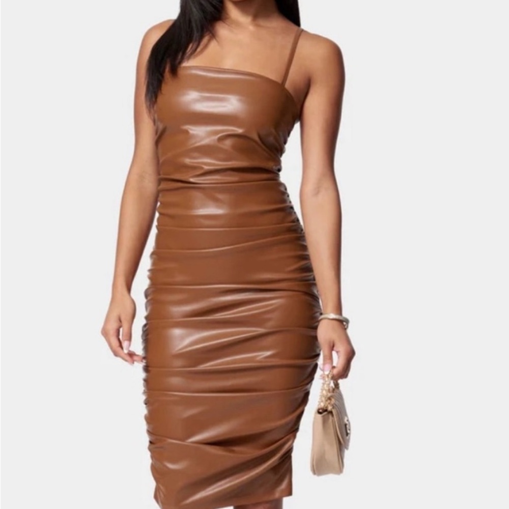 bebe Strapless Brown Faux Leather Dress
